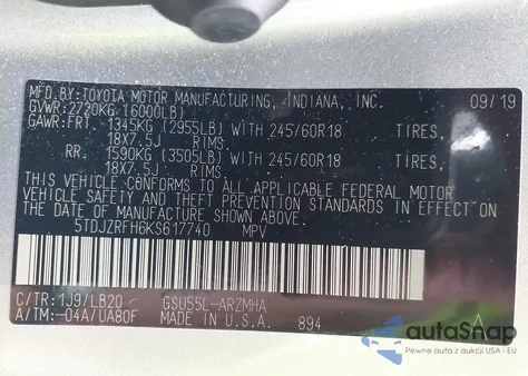 2019 Toyota Highlander Se/Xle z USA, uszkodzony, nr VIN 5TDJZRFH6KS617740